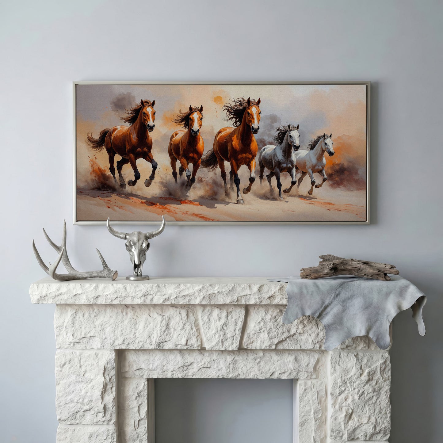 Running Horses Abstract Canvas in silver floating frame