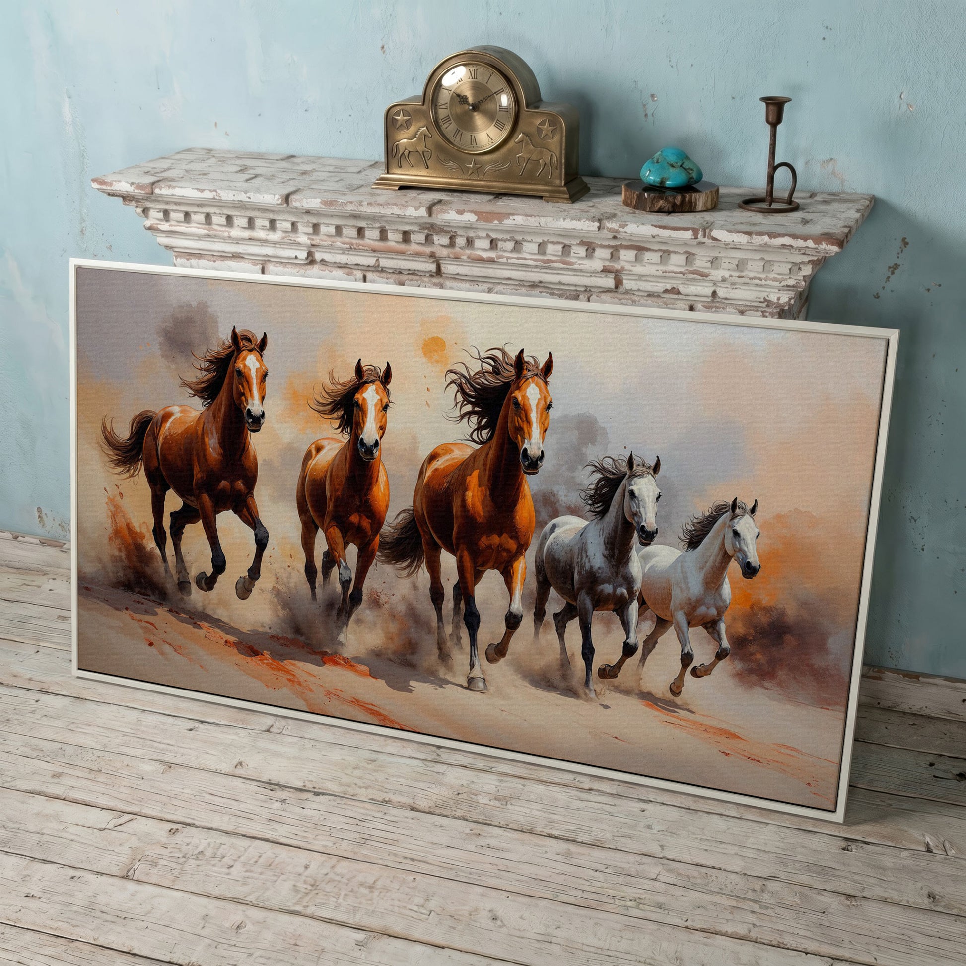 Running Horses Abstract Canvas in white floating frame