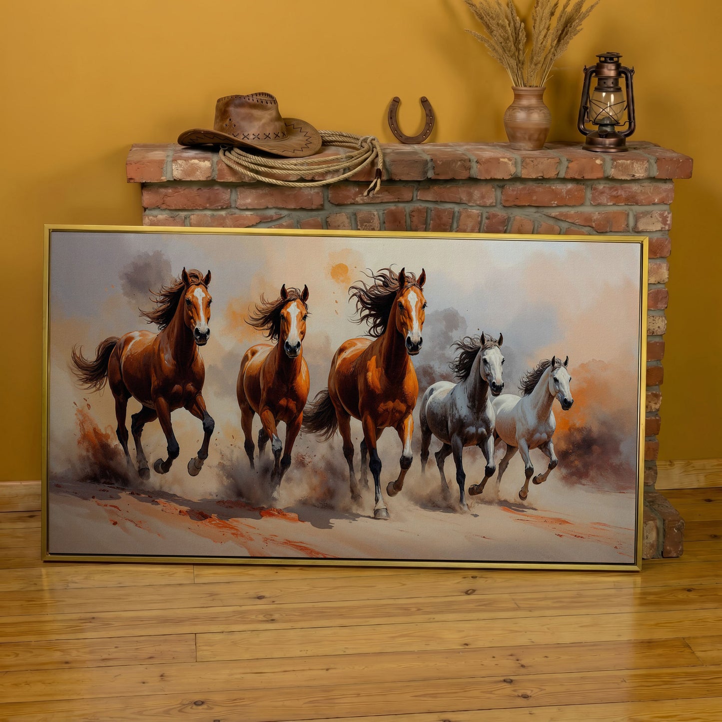 Running Horses Abstract Canvas in yellow gold floating frame