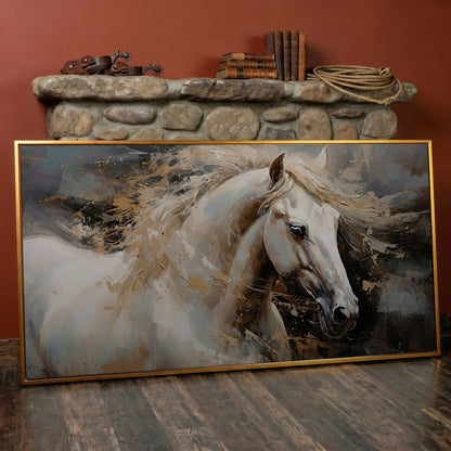 White Horse in Motion Canvas in antique gold floating frame