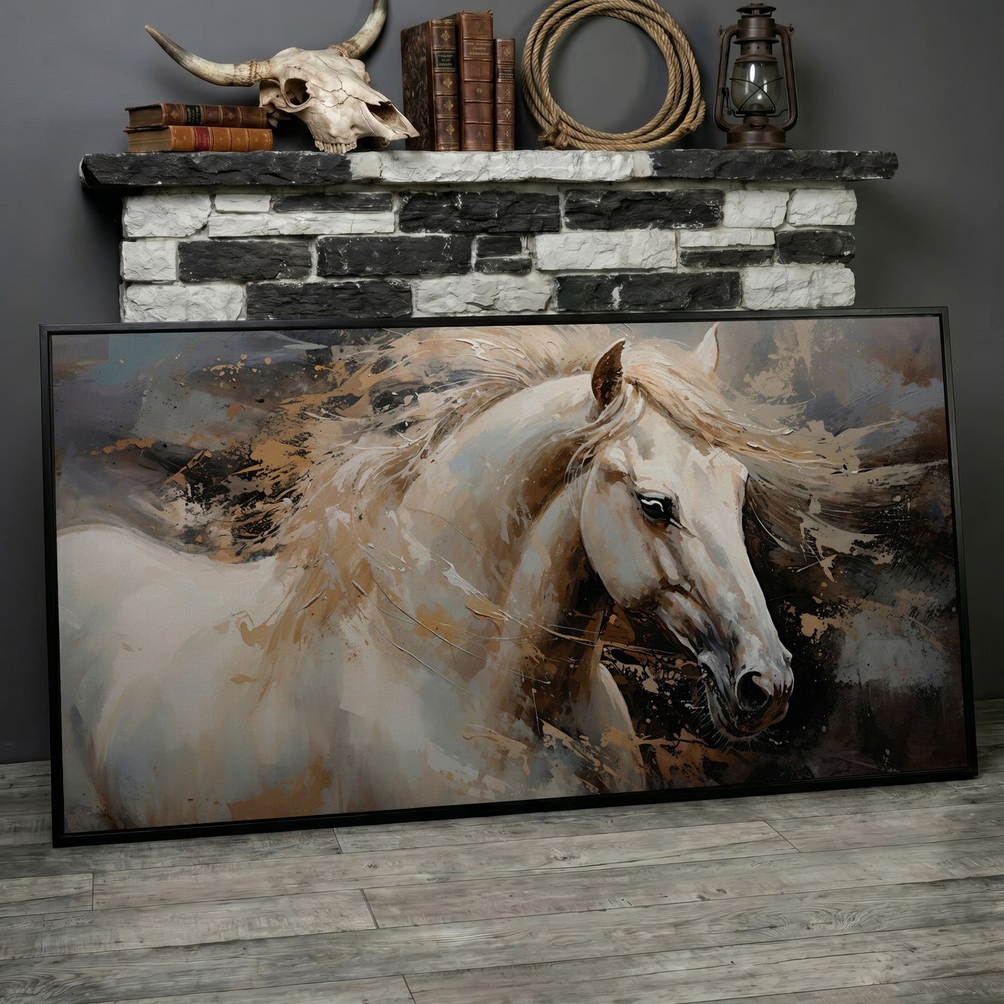 White Horse in Motion Canvas in black floating frame