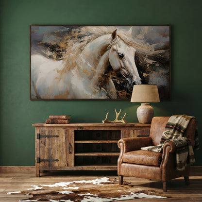 White Horse in Motion Canvas in dark walnut floating frame