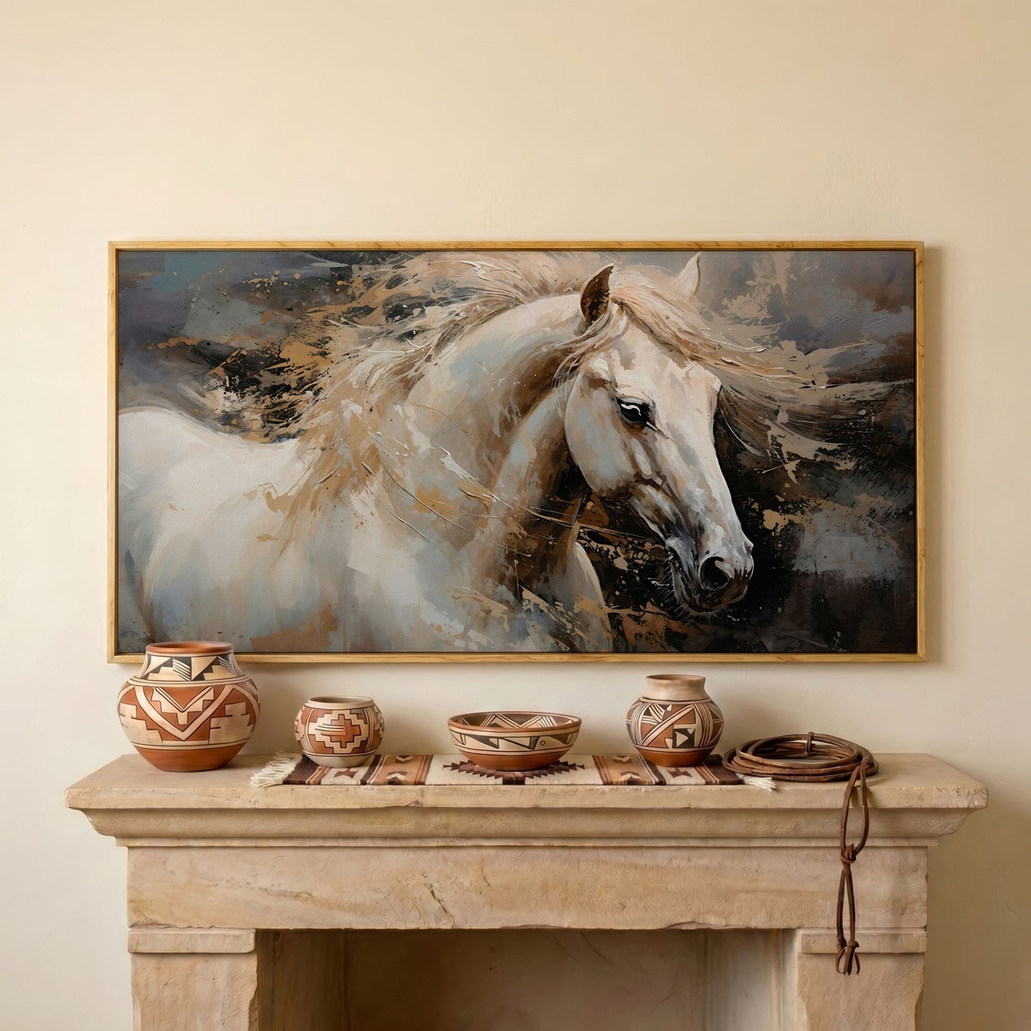 White Horse in Motion Canvas in white oak floating frame