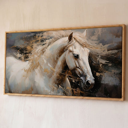 White Horse in Motion Canvas shown in white oak floating frame