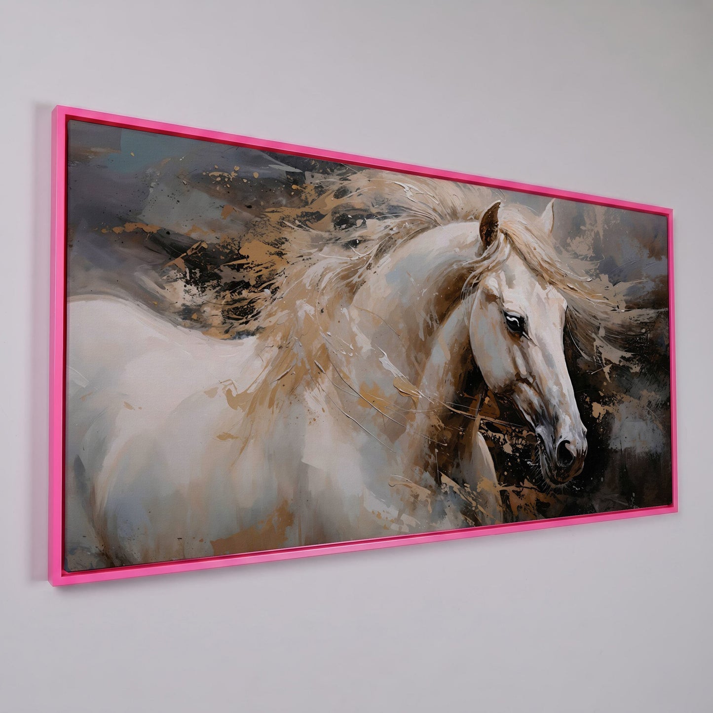 White Horse in Motion Canvas in pink floating frame