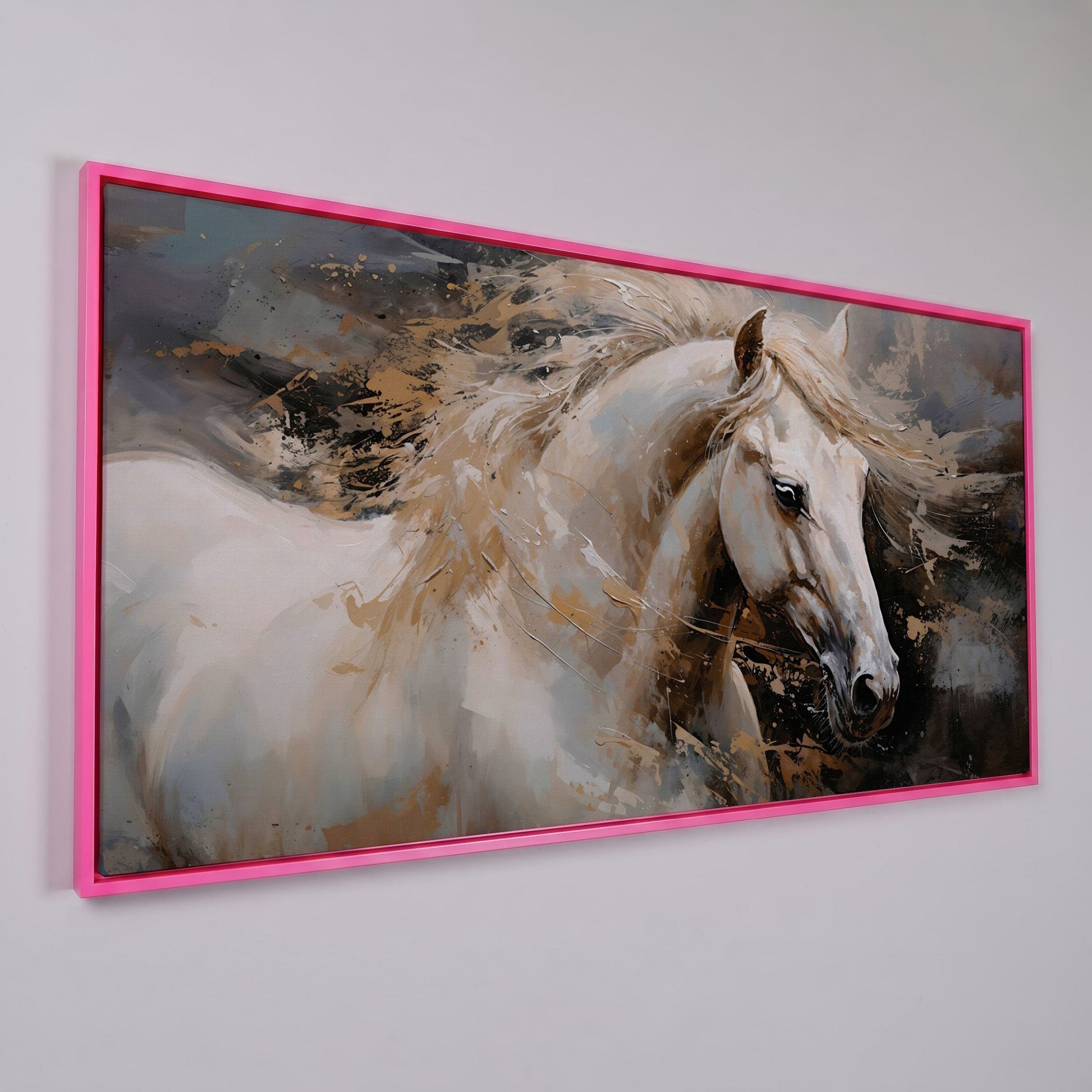 White Horse in Motion Canvas in pink floating frame