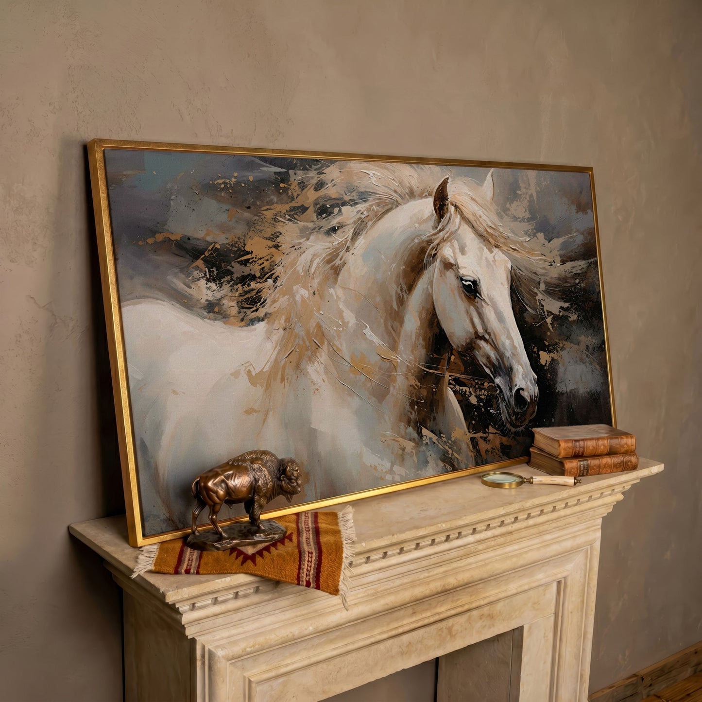White Horse in Motion Canvas in rose gold floating frame