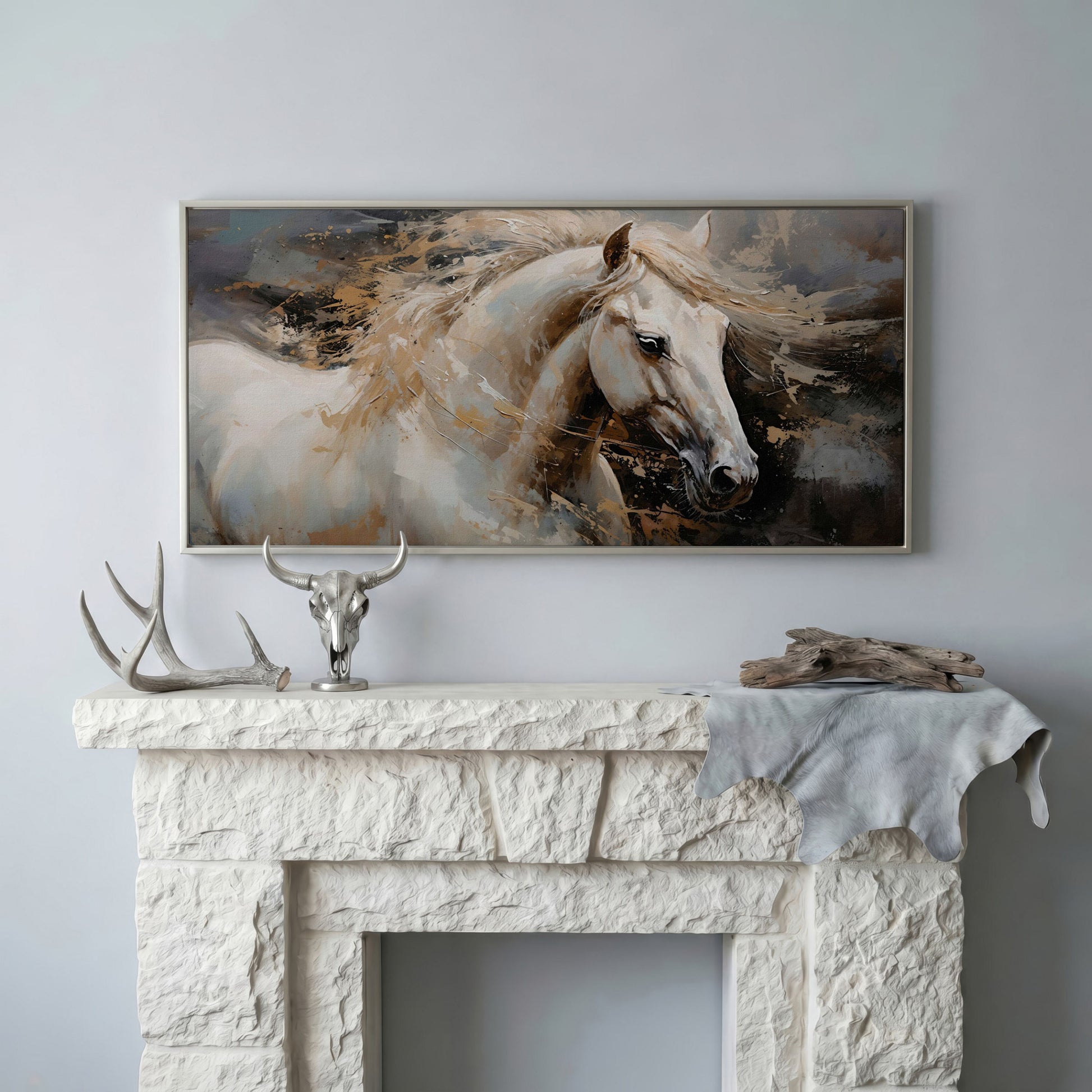 White Horse in Motion Canvas in silver floating frame