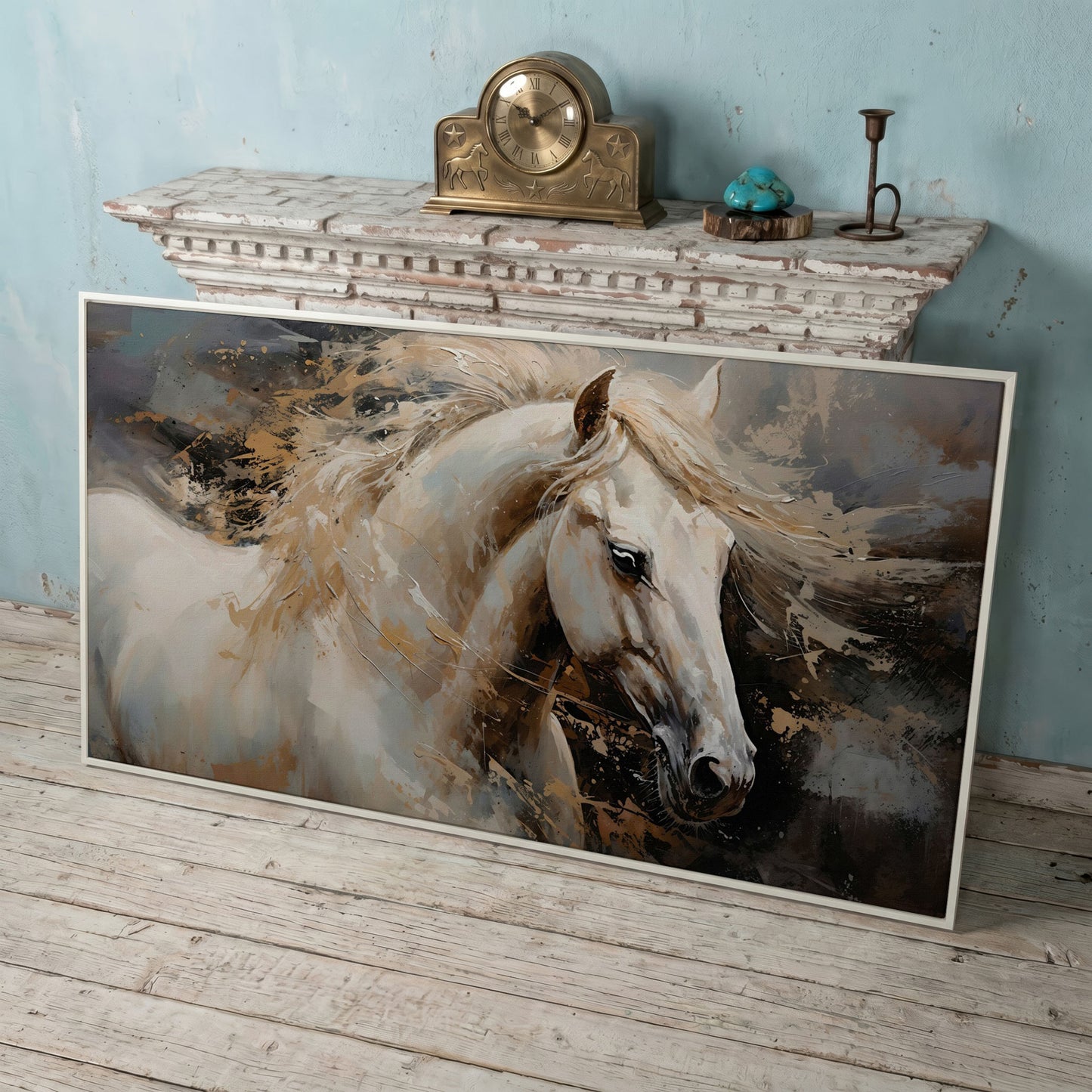 White Horse in Motion Canvas in white floating frame