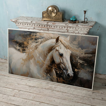 White Horse in Motion Canvas in white floating frame