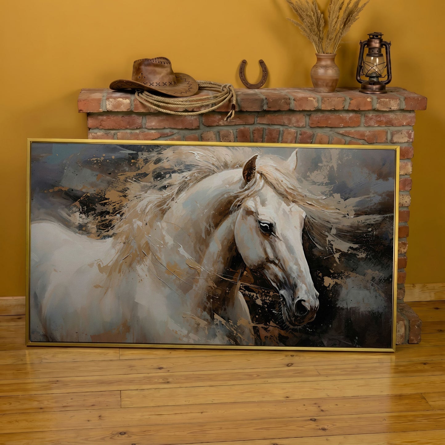 White Horse in Motion Canvas in yellow gold floating frame