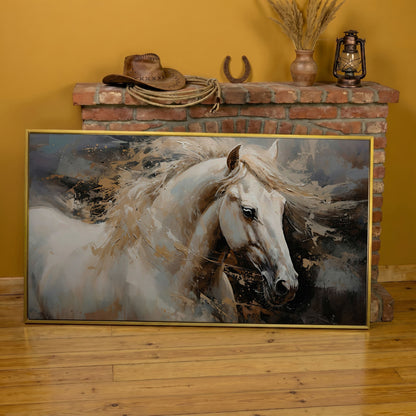 White Horse in Motion Canvas in yellow gold floating frame
