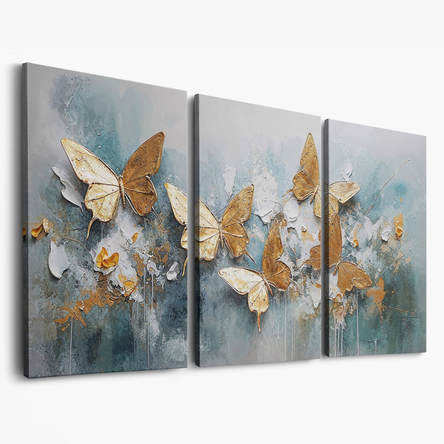Golden Butterflies on Abstract Textured Background, Canvas Wall Art as 3-panel split version