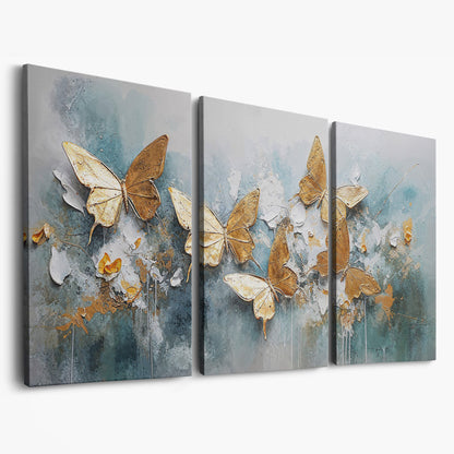 Golden Butterflies on Abstract Textured Background, Canvas Wall Art as 3-panel split version