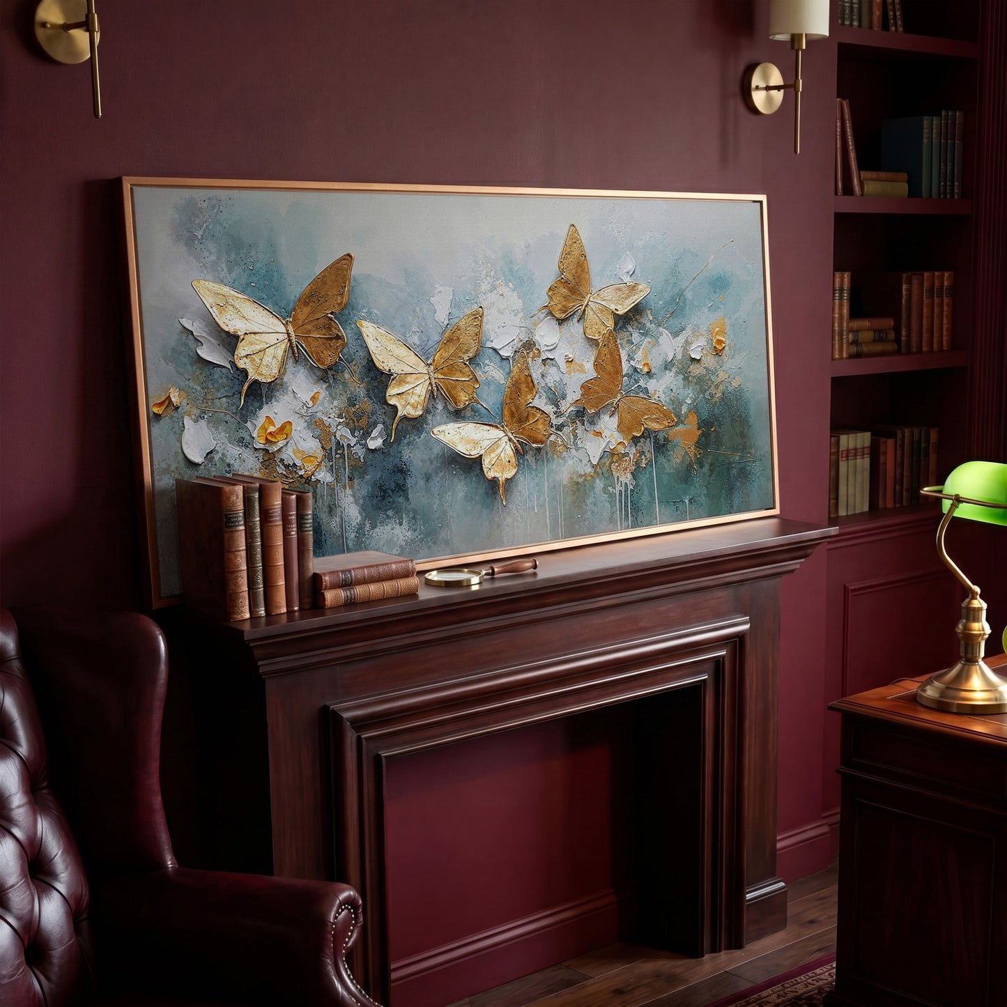 Golden Butterflies on Abstract Textured Background, Canvas Wall Art in antique gold floating frame