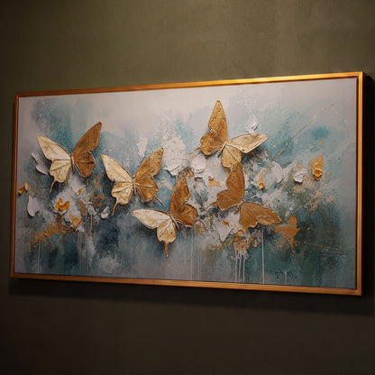 Golden Butterflies on Abstract Textured Background, Canvas Wall Art shown in antique gold floating frame