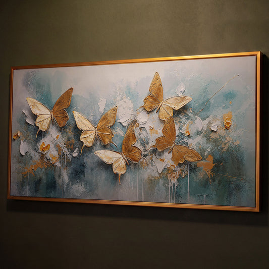 Golden Butterflies on Abstract Textured Background, Canvas Wall Art shown in antique gold floating frame