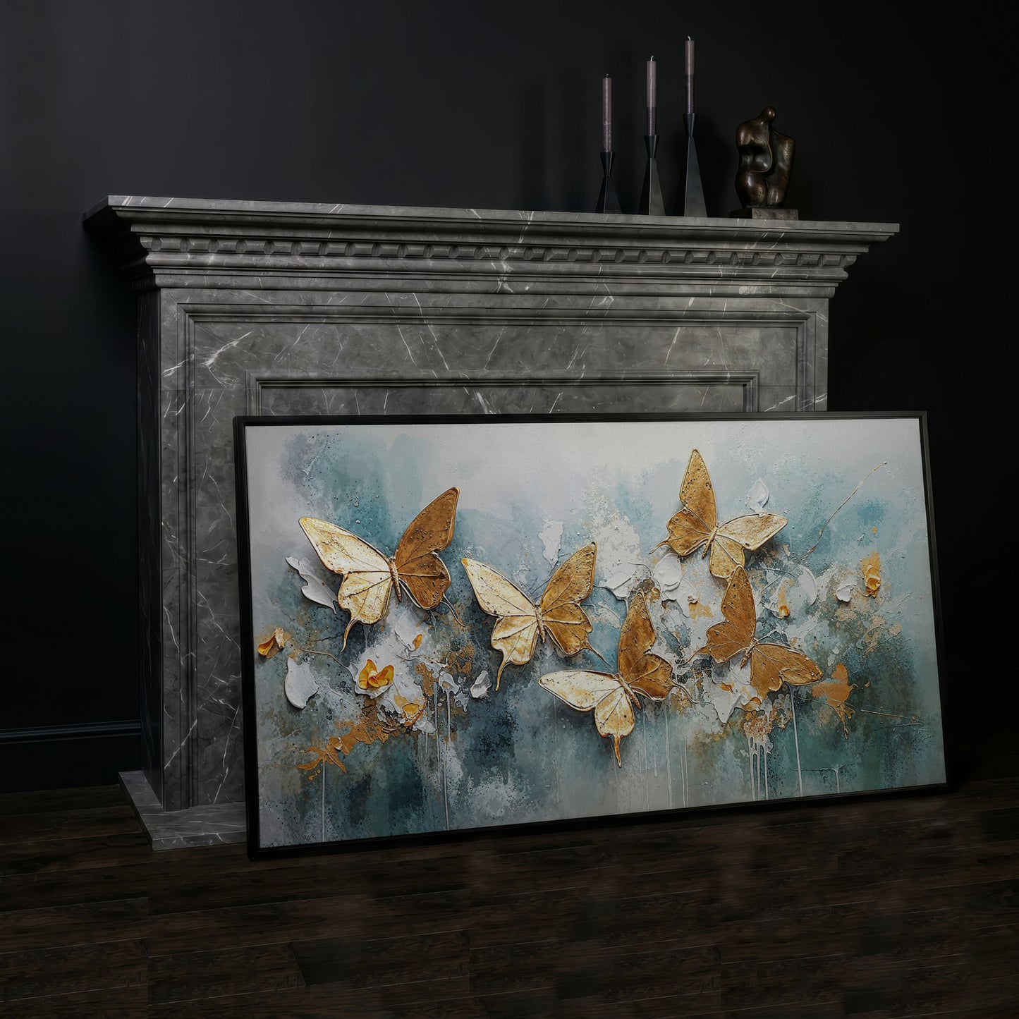 Golden Butterflies on Abstract Textured Background, Canvas Wall Art in black floating frame