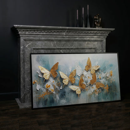 Golden Butterflies on Abstract Textured Background, Canvas Wall Art in black floating frame