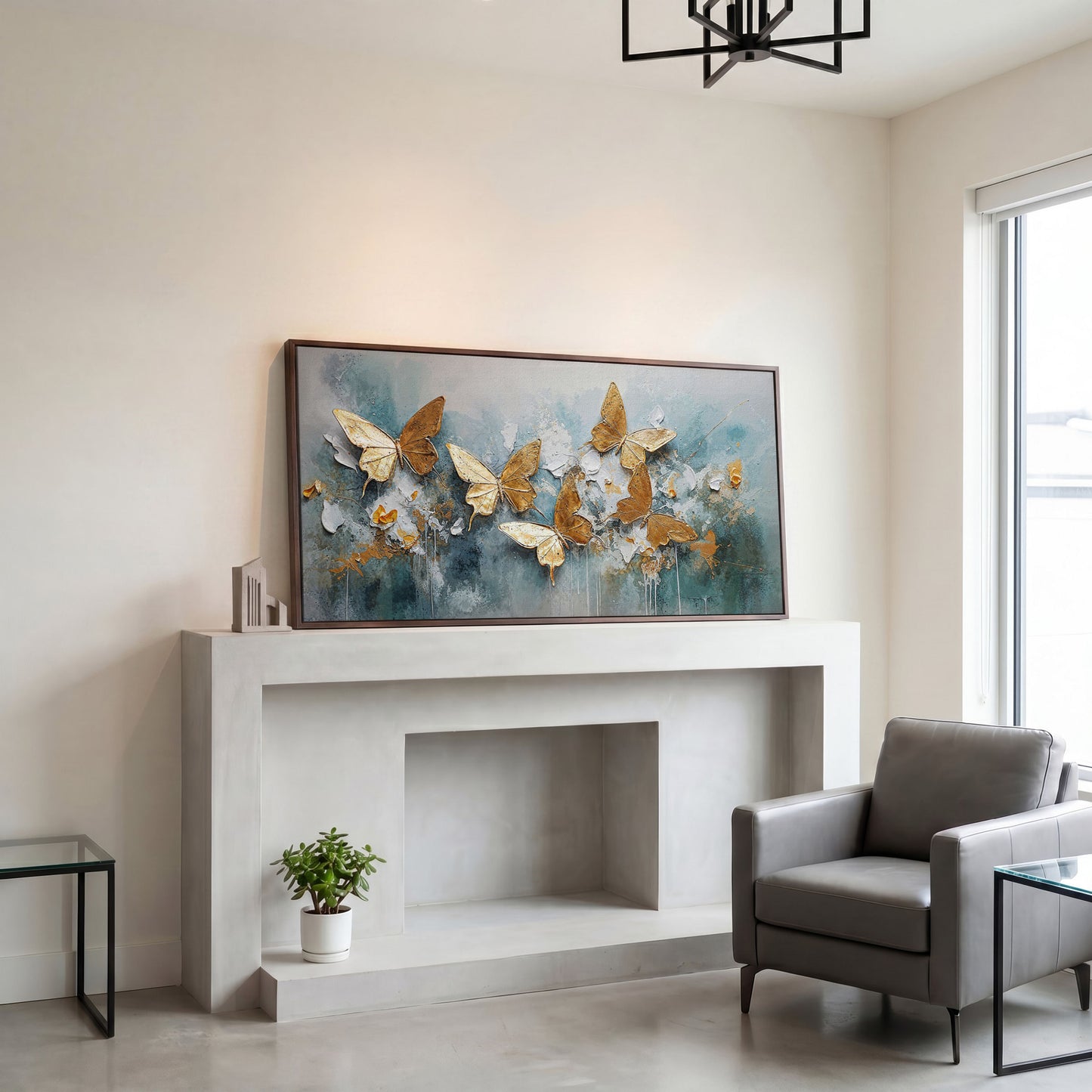 Golden Butterflies on Abstract Textured Background, Canvas Wall Art in dark walnut floating frame
