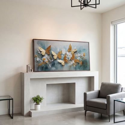 Golden Butterflies on Abstract Textured Background, Canvas Wall Art in dark walnut floating frame