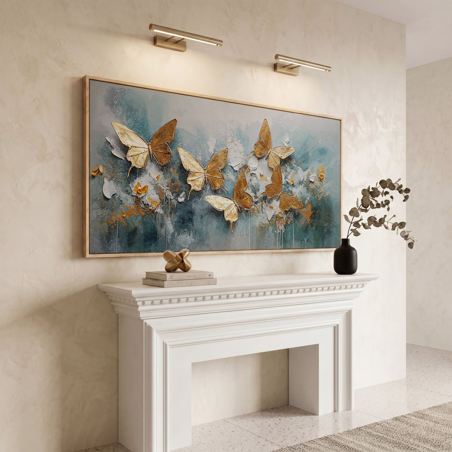 Golden Butterflies on Abstract Textured Background, Canvas Wall Art in white oak floating frame