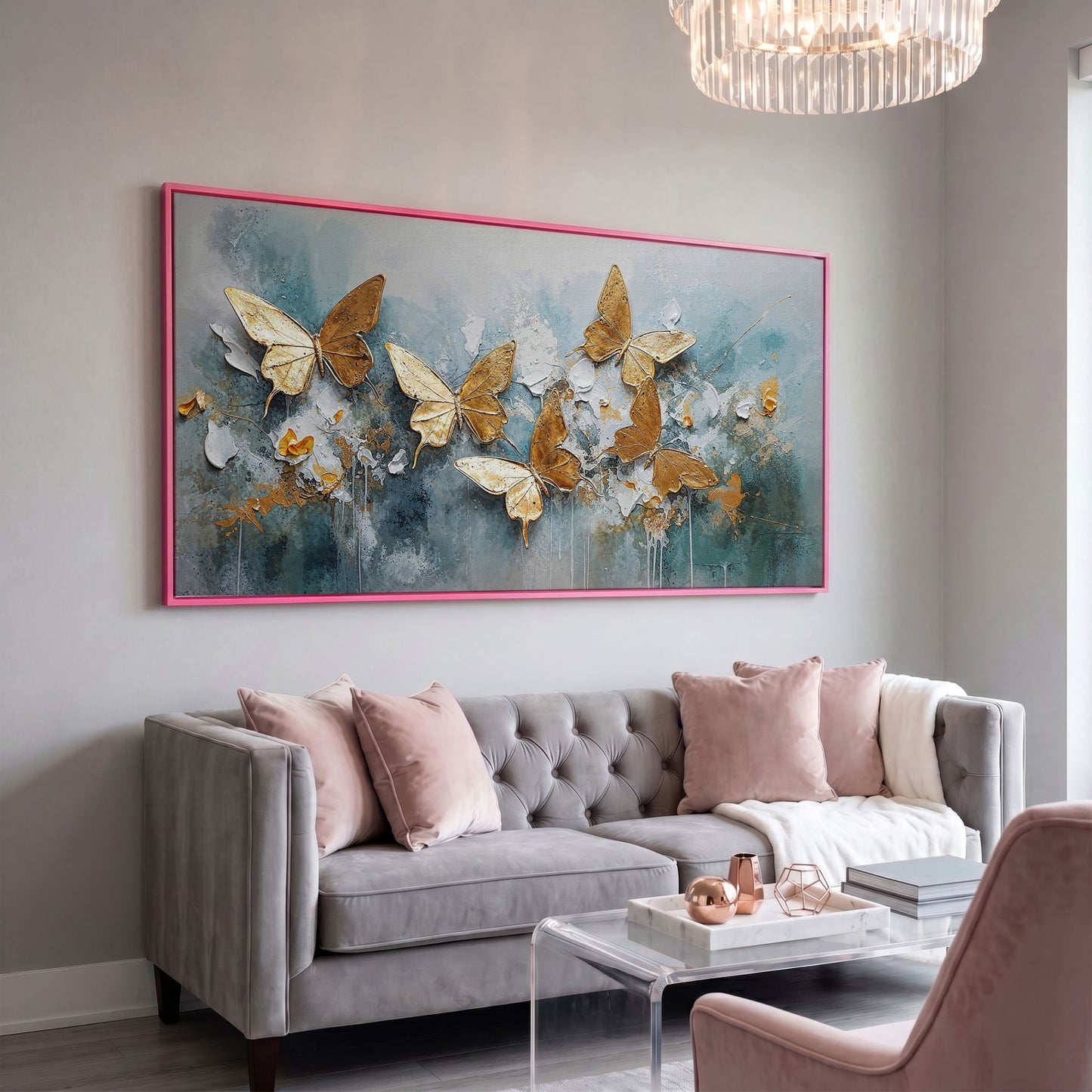 Golden Butterflies on Abstract Textured Background, Canvas Wall Art in pink floating frame