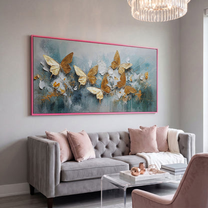 Golden Butterflies on Abstract Textured Background, Canvas Wall Art in pink floating frame