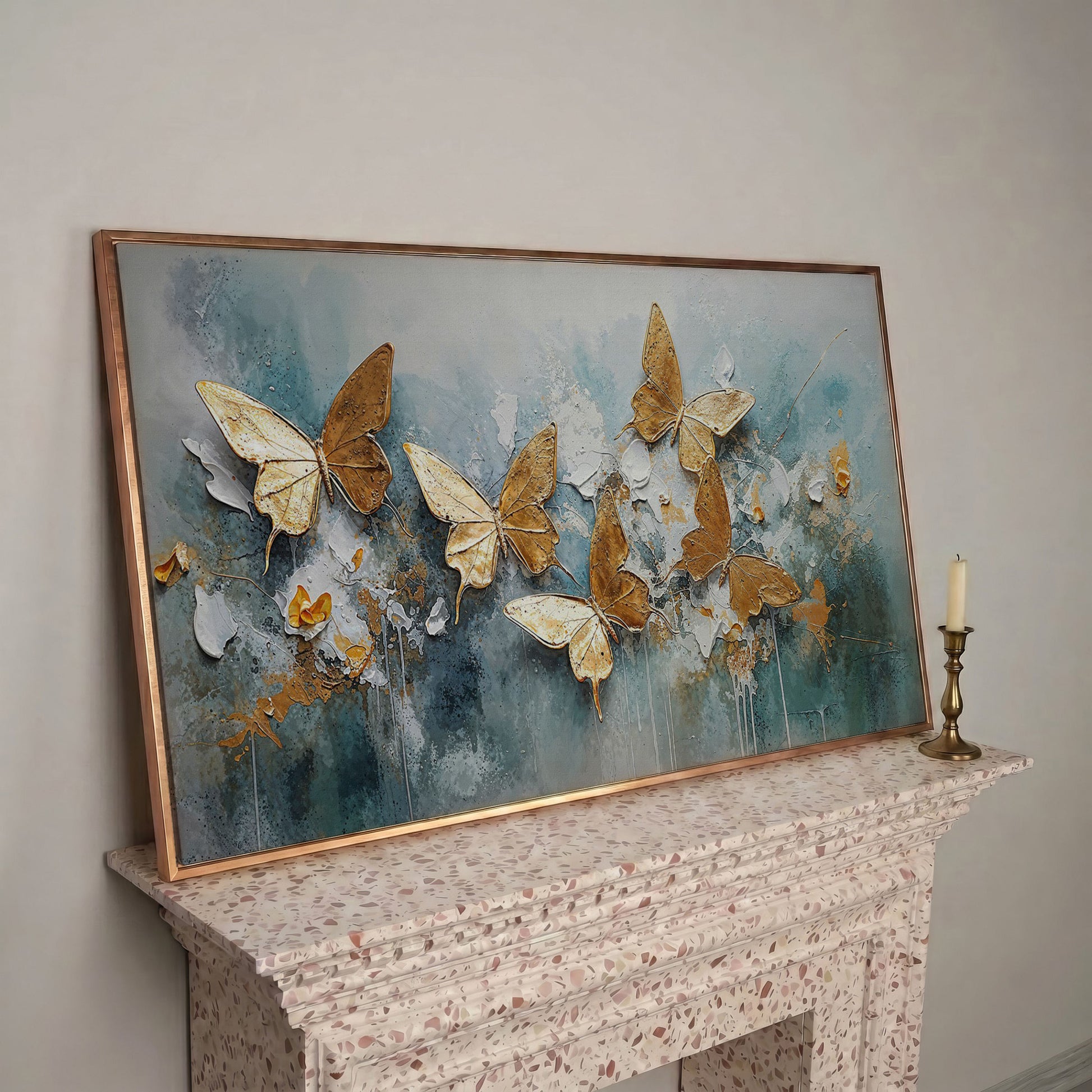 Golden Butterflies on Abstract Textured Background, Canvas Wall Art in rose gold floating frame