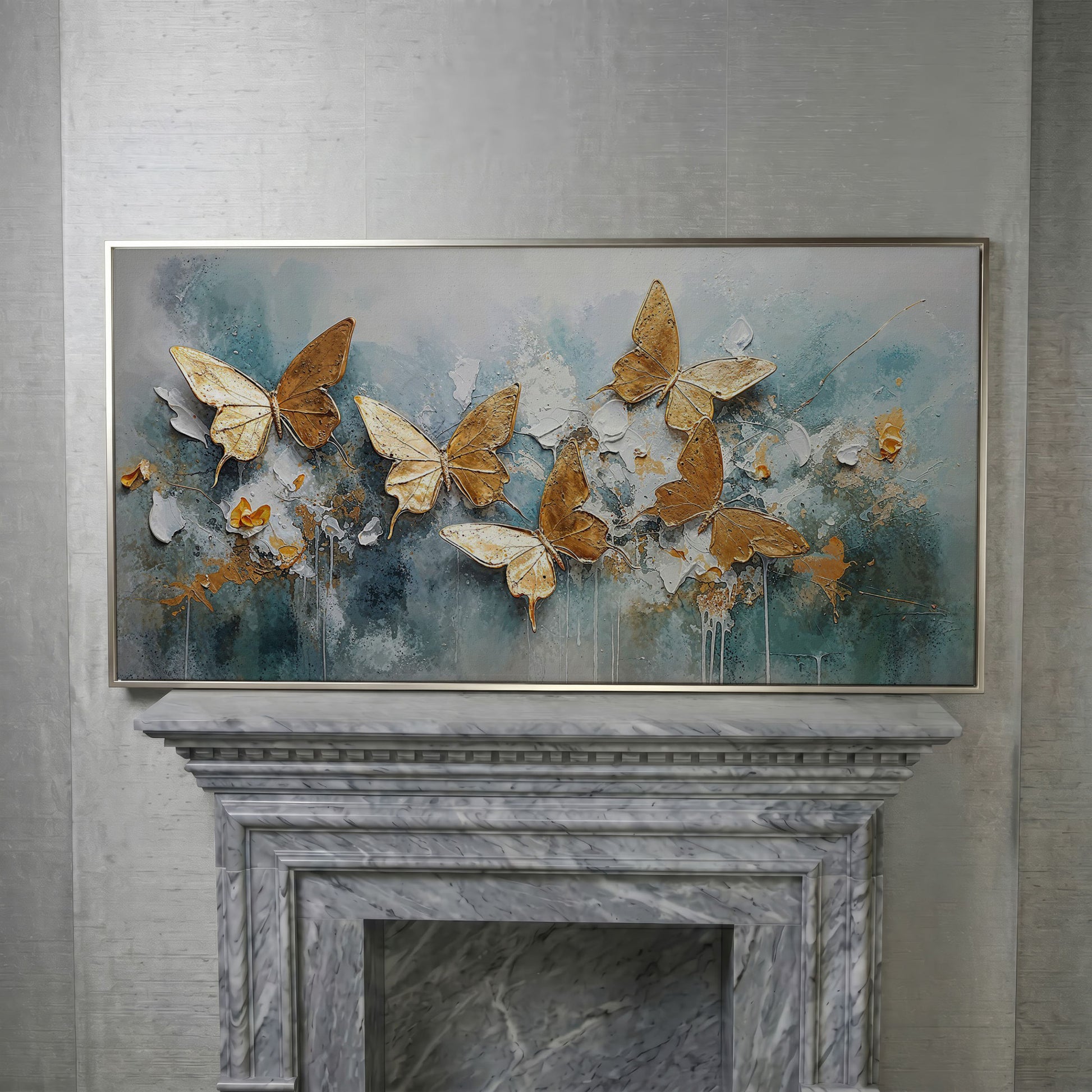 Golden Butterflies on Abstract Textured Background, Canvas Wall Art in silver floating frame
