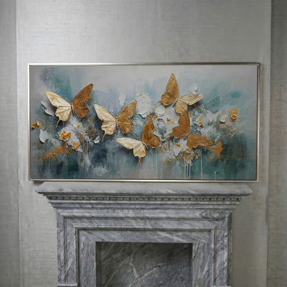 Golden Butterflies on Abstract Textured Background, Canvas Wall Art in silver floating frame