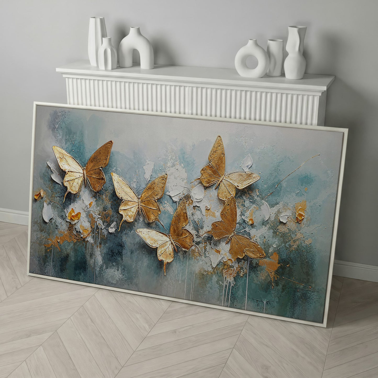 Golden Butterflies on Abstract Textured Background, Canvas Wall Art in white floating frame