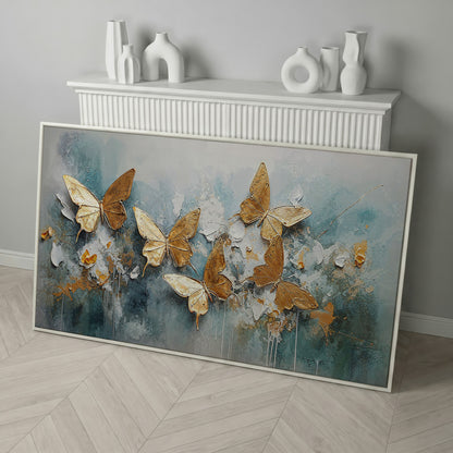 Golden Butterflies on Abstract Textured Background, Canvas Wall Art in white floating frame