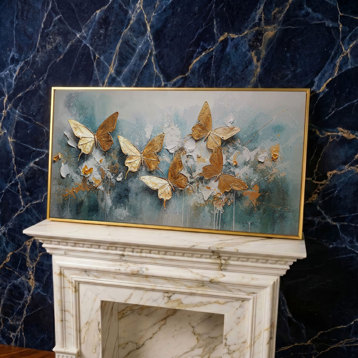 Golden Butterflies on Abstract Textured Background, Canvas Wall Art in yellow gold floating frame