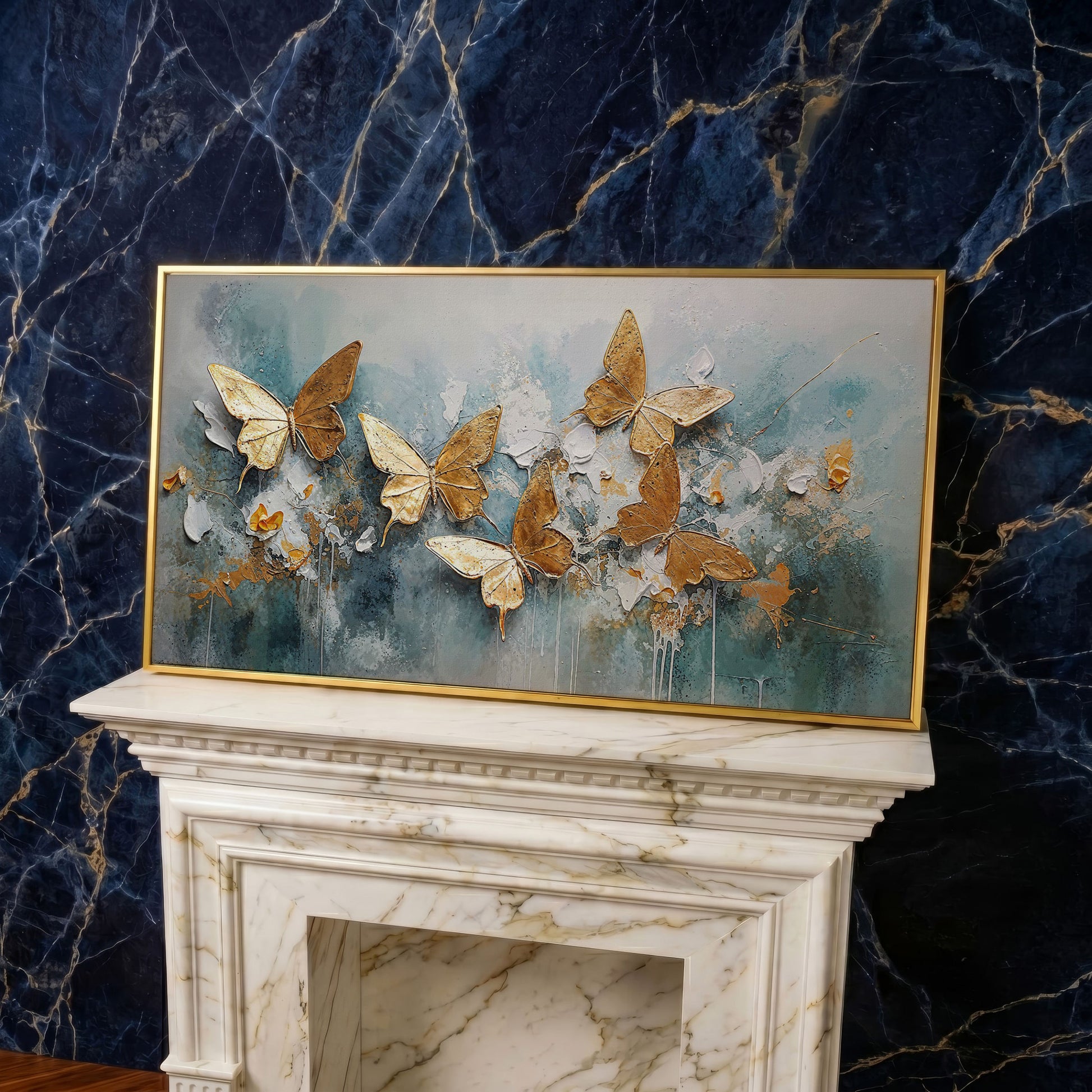 Golden Butterflies on Abstract Textured Background, Canvas Wall Art in yellow gold floating frame