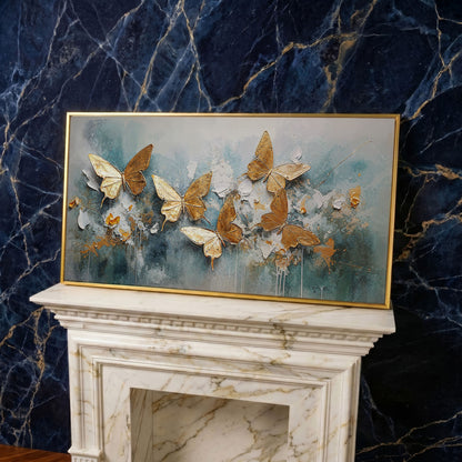 Golden Butterflies on Abstract Textured Background, Canvas Wall Art in yellow gold floating frame