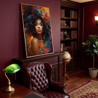 Afro Woman Abstract Pop Art Canvas in antique gold floating frame