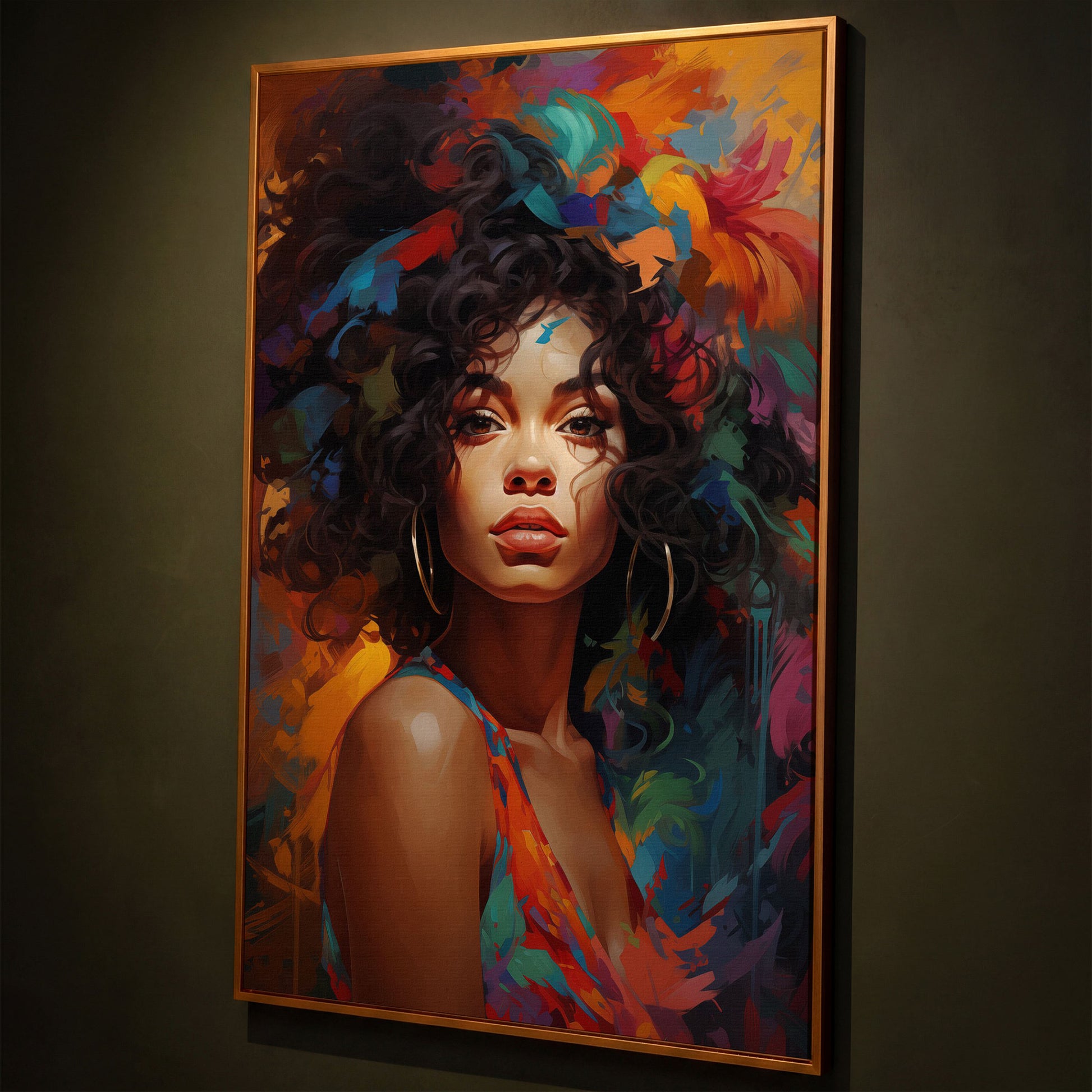 Afro Woman Abstract Pop Art Canvas shown in antique gold floating frame