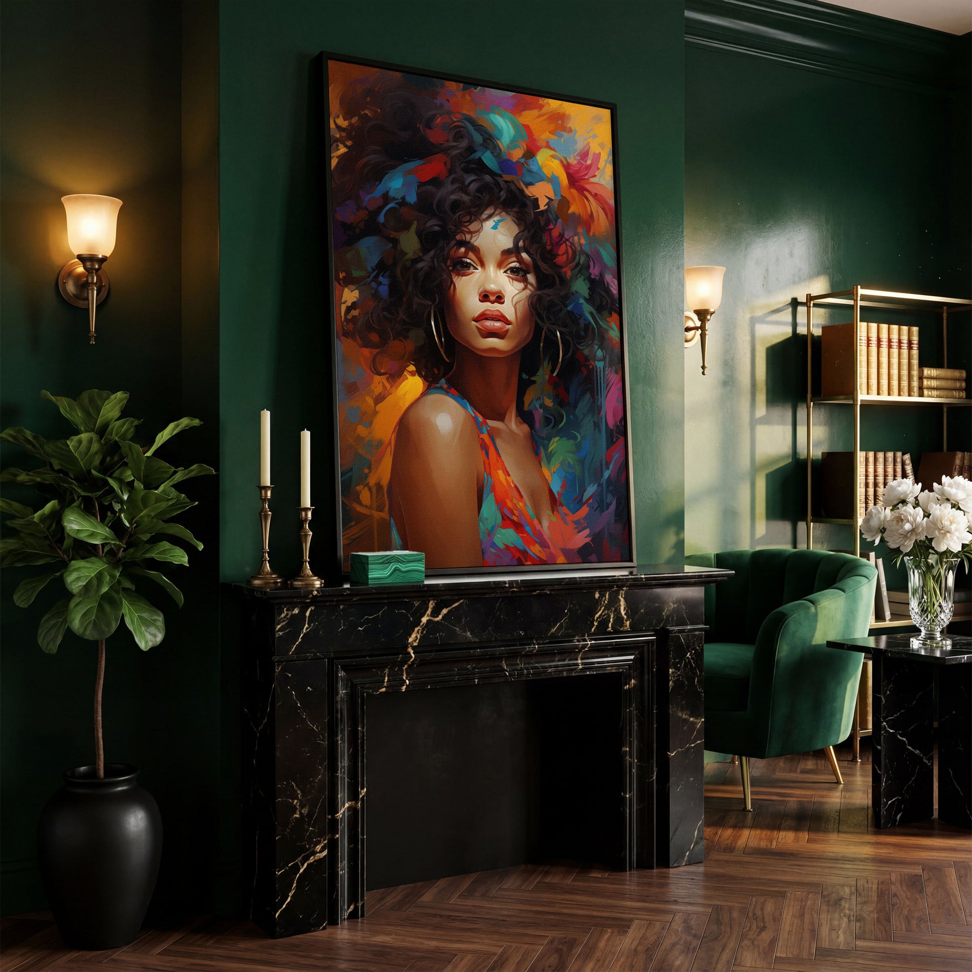 Afro Woman Abstract Pop Art Canvas in black floating frame