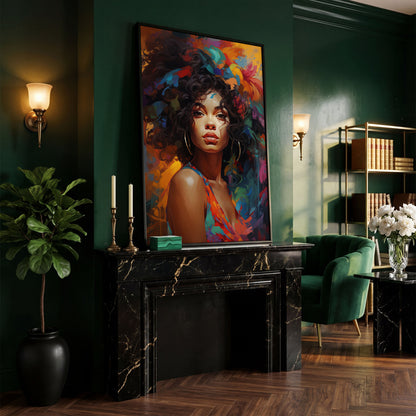 Afro Woman Abstract Pop Art Canvas in black floating frame