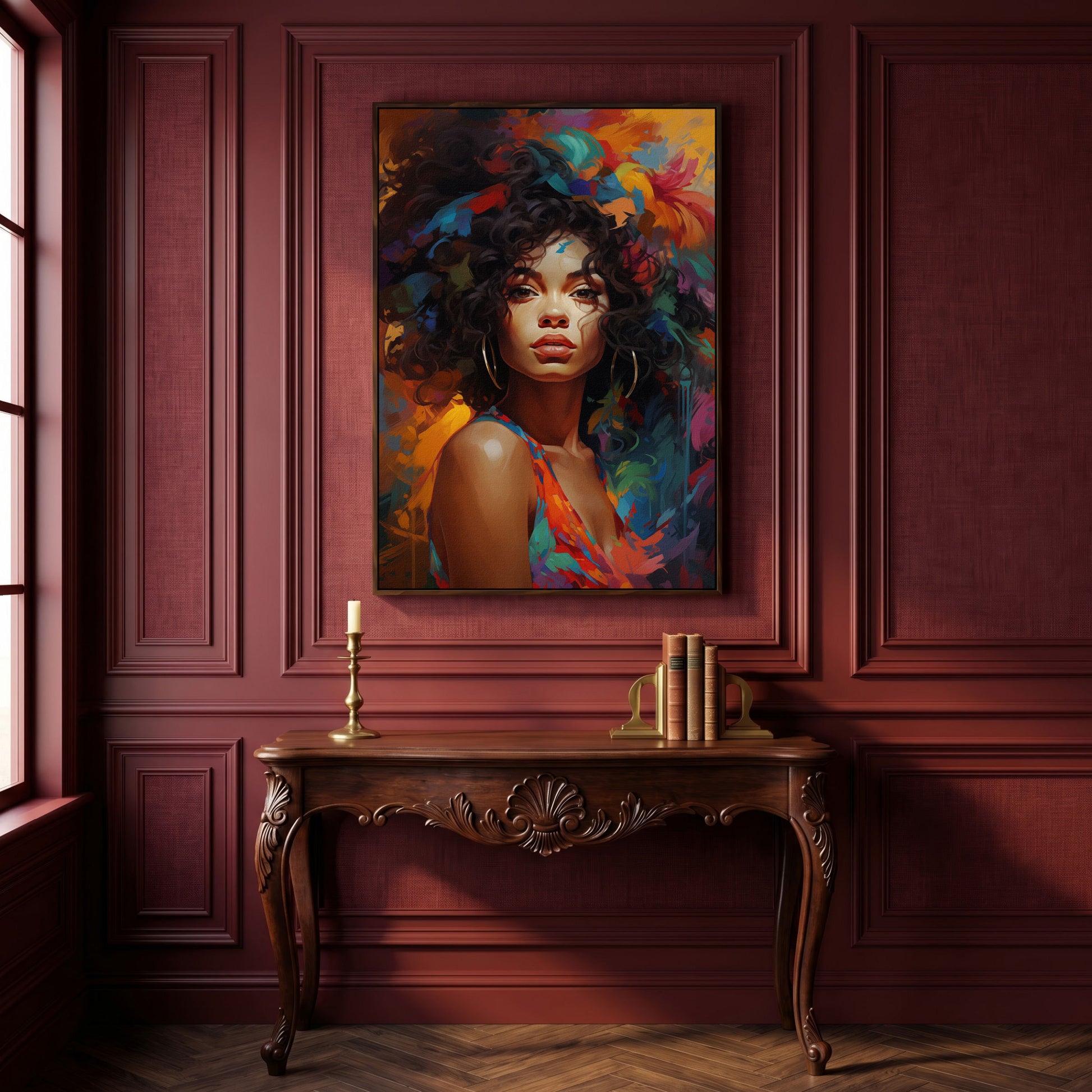 Afro Woman Abstract Pop Art Canvas in dark walnut floating frame