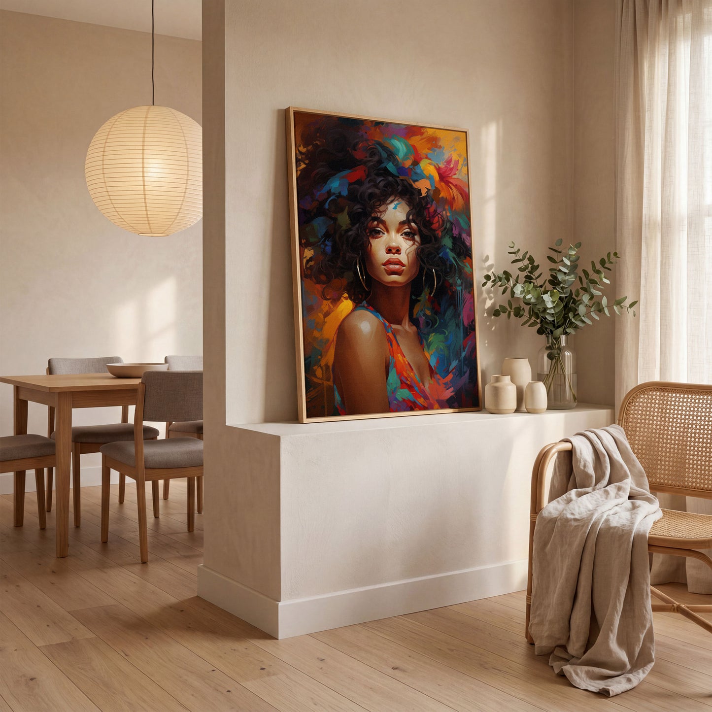 Afro Woman Abstract Pop Art Canvas in white oak floating frame