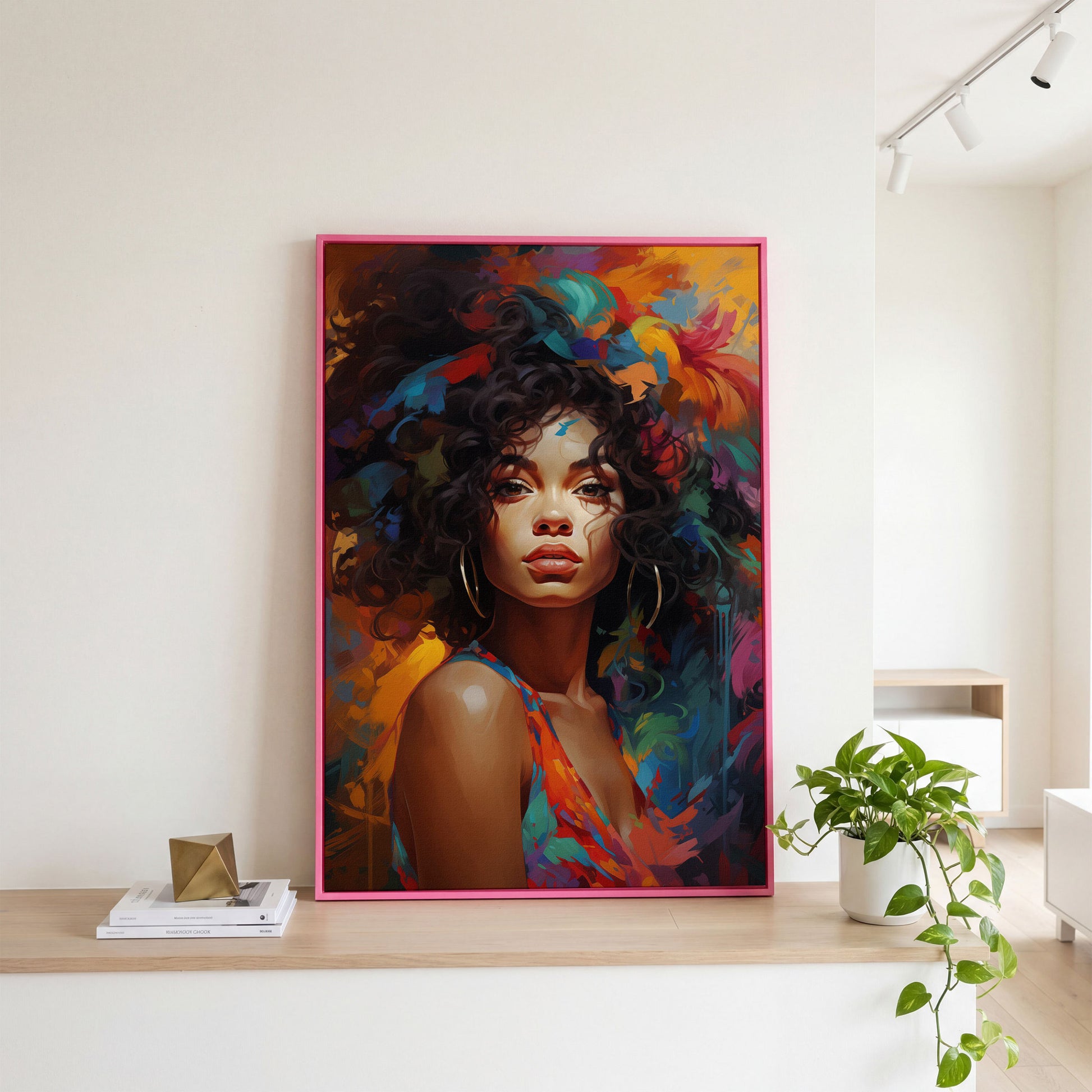Afro Woman Abstract Pop Art Canvas in pink floating frame