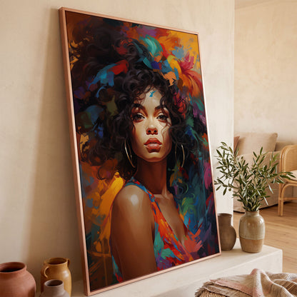 Afro Woman Abstract Pop Art Canvas in rose gold floating frame
