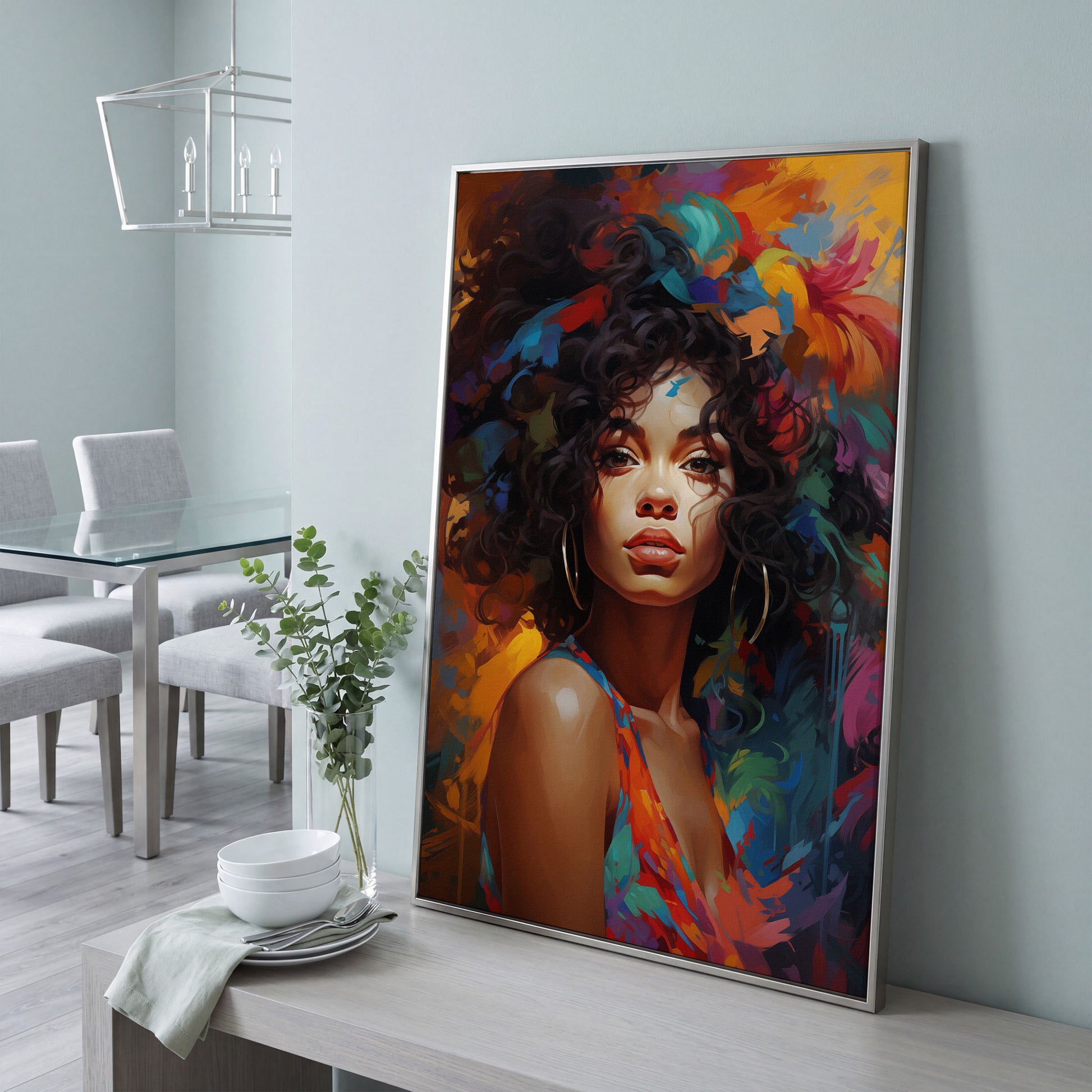 Afro Woman Abstract Pop Art Canvas in silver floating frame