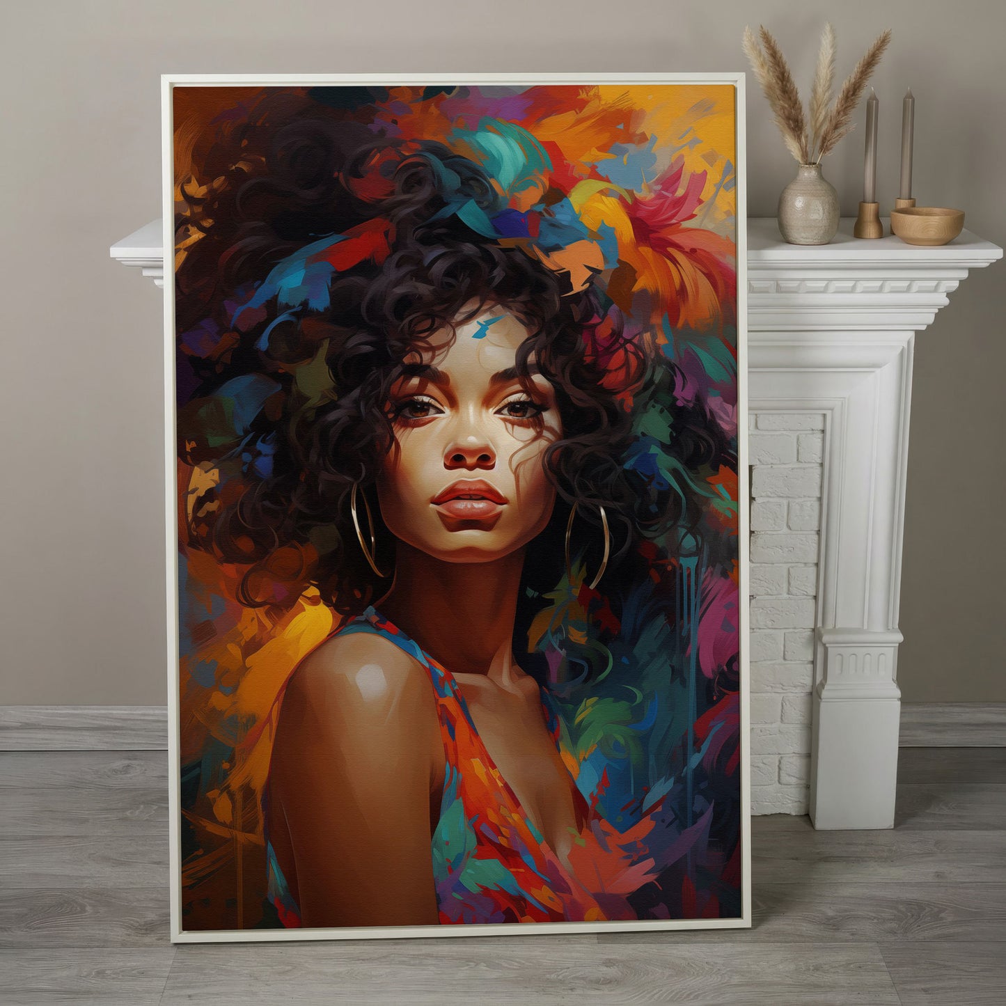 Afro Woman Abstract Pop Art Canvas in white floating frame