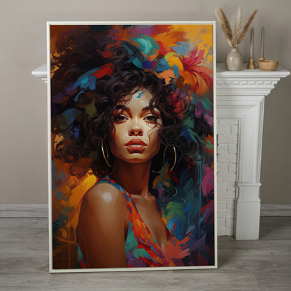 Afro Woman Abstract Pop Art Canvas in white floating frame