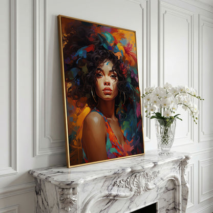 Afro Woman Abstract Pop Art Canvas in yellow gold floating frame