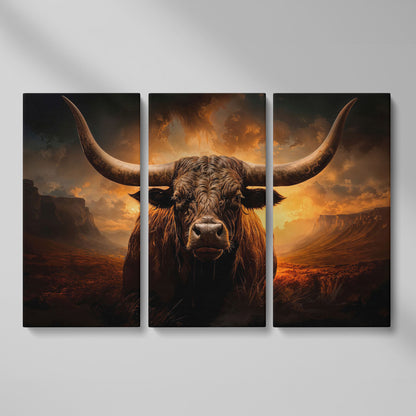 Texas Longhorn Bull Canvas Print as 3-panel split version