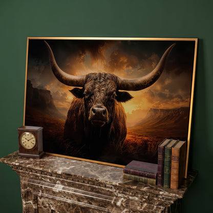Texas Longhorn Bull Canvas Print in antique gold floating frame
